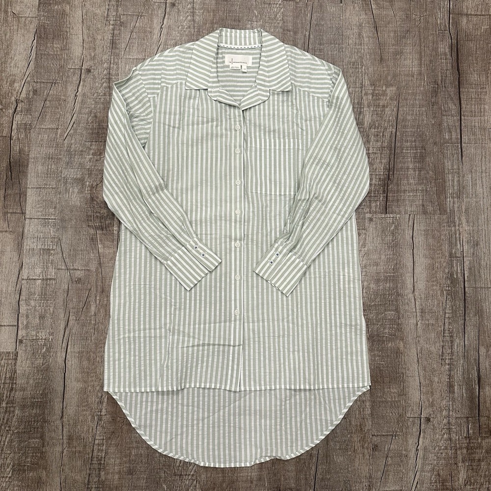 Anthropologie Green White Striped Long Line Button Down Oversized Tunic Size XXS